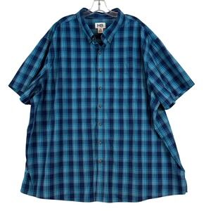 HB Mens 3XL Blue Teal Plaid Short Sleeve Button Down Shirt Cotton Blend Pocket